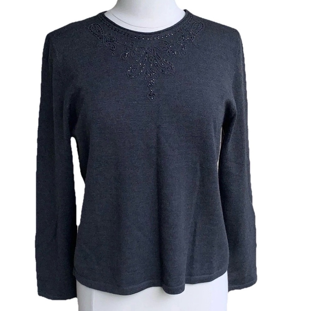 Pendleton 100% Merino Wool Beaded Sweater Women’s L Gray Embroidered Old Money